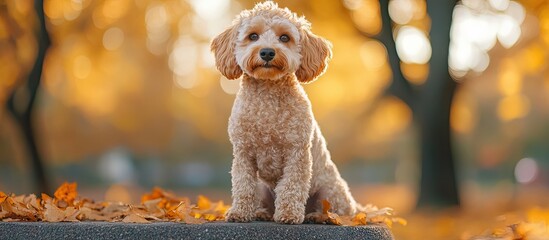 Poster - Miniature golden doodle portrait in an autumn dog park. with copy space image. Place for adding text or design