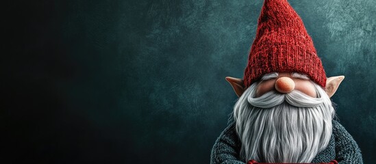 Poster - Christmas gnome wearing a red hat on a holiday banner set against a dark green winter background Scandinavian elf greeting card featuring a copyspace template