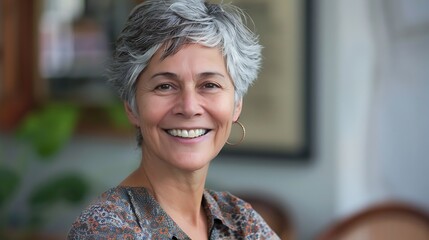 Poster - A smiling woman with short gray hair in a casual setting, exuding warmth and approachability.