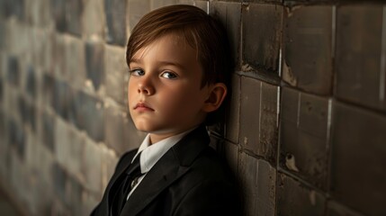 Wall Mural - A young boy in a suit and tie stands against a brick wall