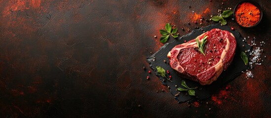 Aufkleber - Raw rib eye beef steak with spices and cooking ingredients on a dark rusty background with copy space and top view
