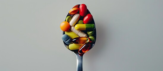 Poster - vitamins and supplements pills capsules and tablets in a small dish healthcare self care and wellness concept. with copy space image. Place for adding text or design