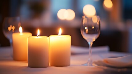 Wall Mural - close-up of burning candles flickering on a restaurant table, surrounded by fine dining settings and a warm, inviting atmosphere, with soft shadows playing on the walls