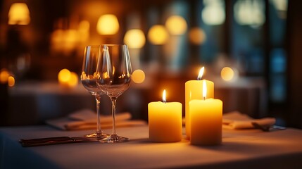 Wall Mural - close-up of burning candles flickering on a restaurant table, surrounded by fine dining settings and a warm, inviting atmosphere, with soft shadows playing on the walls