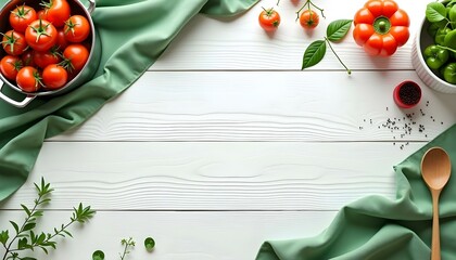 White wooden table covered with green tablecloth and cooking utensils. View from top. Empty tablecloth for product montage. Free space for your text, food background, food banner concept 