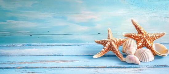 Poster - Starfish and shells on blue wooden boards of a pier with seawater Vacation travel beach Banner Copy space