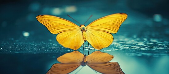 Poster - Close up of a yellow butterfly on glass displaying a flawless mirror image. with copy space image. Place for adding text or design