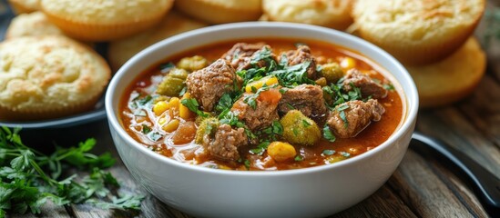 Fototapete - A bowl of homemade beef stew accompanied by fresh fried okra and cornbread muffins horizontal. with copy space image. Place for adding text or design