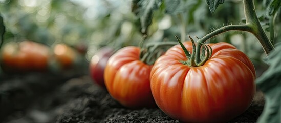 Poster - Beautiful ripe red heirloom tomatoes cultivated in a greenhouse Gardening tomato image with copy space Shallow depth of field