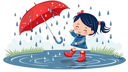 Sticker - A little girl wearing rain boots and holding a red umbrella 