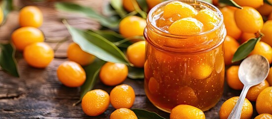 Poster - Delicious kumquat jam in a jar alongside fresh fruits on a white table with space for text. with copy space image. Place for adding text or design