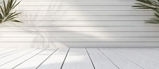 Aufkleber - Empty white wooden deck table against a white textured wall background Mockup template Copy space