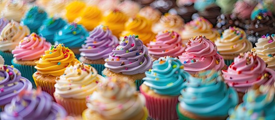 Wall Mural - Dessert display featuring delicious cupcakes on a colored background. with copy space image. Place for adding text or design