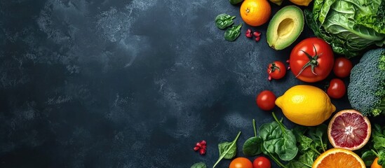 Wall Mural - Variety of high vitamin A sources on a dark background spinach tomatoes broccoli cabbage Brussels sprouts mango granadilla lemon peppers oranges mandarins Top view Copy space