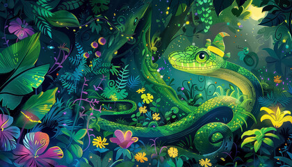 Wall Mural - A green snake with a hat on its head is laying in a jungle