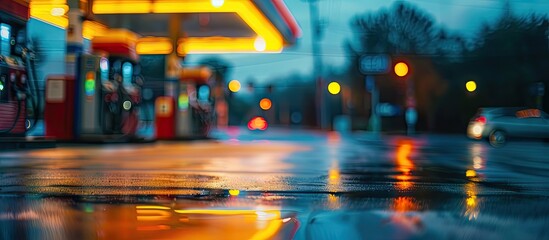 Poster - Blurred gas station at night Defocused gas station and convenience store in the evening Abstract blur of petrol station background with copy space Panorama format