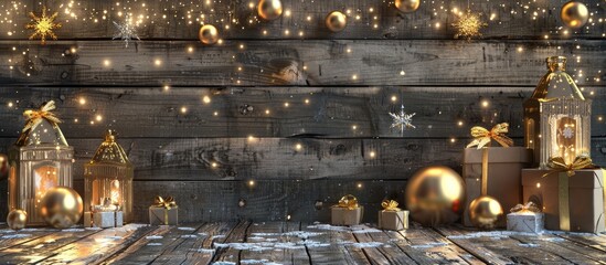 Leinwandbilder - Christmas backdrop featuring gift boxes golden balls and decorations on a wooden surface New Year texture. with copy space image. Place for adding text or design