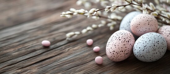Poster - Easter eggs and a willow branch on a wooden backdrop Layout includes space for your text. with copy space image. Place for adding text or design