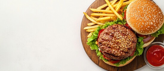 Leinwandbilder - Two grilled hamburger patties with fries served on a wooden plate. with copy space image. Place for adding text or design