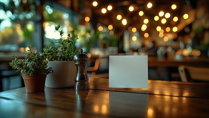 Poster - A close-up shot of a restaurant table with a blank card, greenery, and a metal shaker, with a blurred background of the restaurant interior.