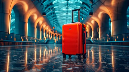 Bright orange suitcase stands alone in a modern airport setting, travel advertise, tourism advertising, copy space for text, tour advert