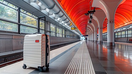 Wall Mural - Travel luggage at a modern train station platform during daytime, travel advertise, tourism advertising, copy space for text, tour advert