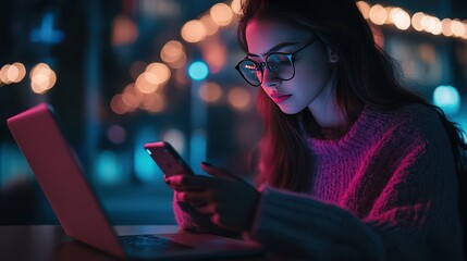 Poster - Protecting against cyber threats, a user utilizes a mobile phone and laptop with advanced privacy and encryption systems