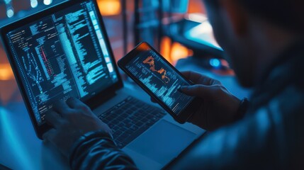 Poster - Protecting against cyber threats, a user utilizes a mobile phone and laptop with advanced privacy and encryption systems