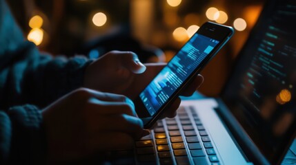 Poster - Protecting against cyber threats, a user utilizes a mobile phone and laptop with advanced privacy and encryption systems