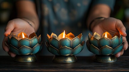 Wall Mural - Three lotus candle holders with flames burning inside, creating a warm and peaceful atmosphere.