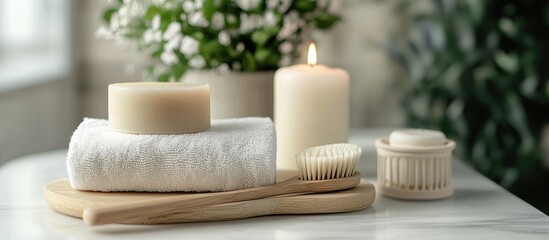 Poster - Spa arrangement featuring soap brush candle and assorted bath accessories in containers. with copy space image. Place for adding text or design