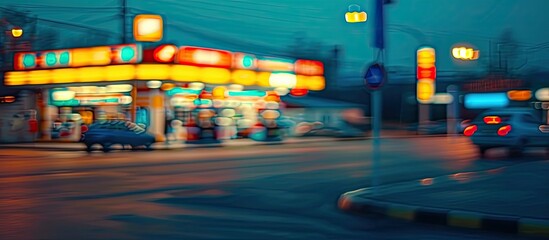 Aufkleber - Blurred gas station at night Defocused gas station and convenience store in the evening Abstract blur of a petrol station background with copyspace Vintage filter effect