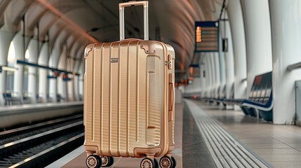 Wall Mural - Gold suitcase on platform in modern train station during daytime, travel advertise, tourism advertising, copy space for text, tour advert