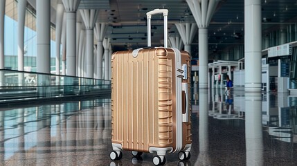 Wall Mural - Shiny gold suitcase waiting at the modern airport terminal in daylight, travel advertise, tourism advertising, copy space for text, tour advert