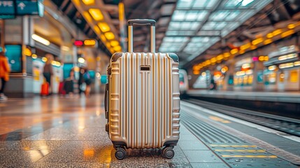 Wall Mural - Travel suitcase waiting on platform at busy train station during day, travel advertise, tourism advertising, copy space for text, tour advert