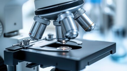 Poster - pharmaceutical lab analyzing samples under a microscope, developing new medicines