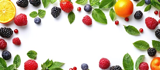 Leinwandbilder - Vibrant summer fruits border a white background from a top view with copy space