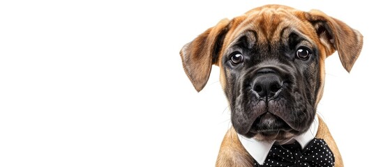 Poster - A clever Mastiff puppy dressed in a necktie holds a sign that says sale over a blank white banner set against a white background. with copy space image. Place for adding text or design