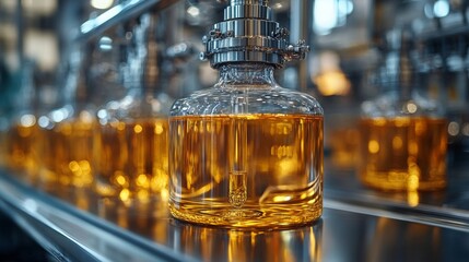 Poster - a laboratory setup showcases a chemical reaction mechanism, highlighting amber liquid in glass conta
