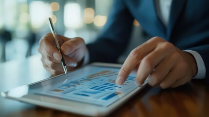 Poster - reviewing financial reports on his tablet, the businessman analyzes sales data and business growth c