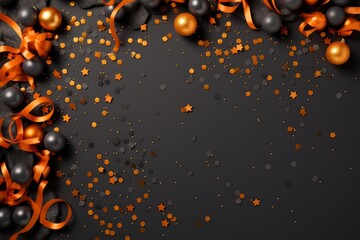 Poster - Graphite background with vibrant orange confetti, shimmering tinsel, sparkling stars, space for text