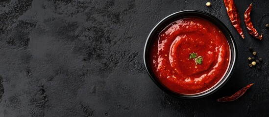 Aufkleber - Harissa sauce in a bowl against a black background close up Adjika hot chili pepper sauce Copy space