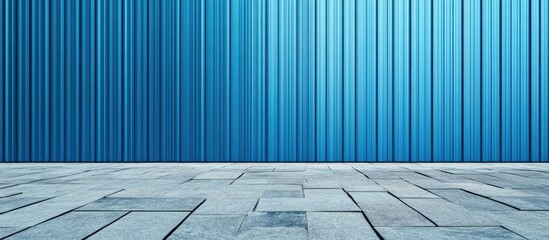 Aufkleber - Blue aluminum cladding wall with vertical stripes and a porphyry pavement in the foreground Background for copyspace