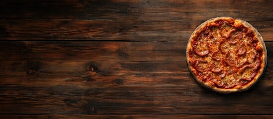 Pizza on a wooden table from a top view Fast food Suitable for blog posts or social media Includes copy space Pizza is ready to enjoy