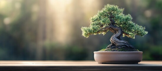 Aufkleber - Bonsai Chamaecyparis pisifera Squarrosa dumosa positioned on a wooden table. with copy space image. Place for adding text or design