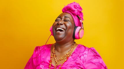 Sticker - A joyful woman in pink attire laughing while wearing headphones against a bright yellow background.