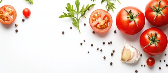 Canvas Print - Raw ingredients for tomato sauce on a white background. with copy space image. Place for adding text or design