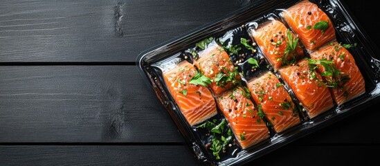 Fototapete - Salmon fillets in a vacuum blister pack arrangement garnished with herbs on a black wooden table background top view flat lay with copyspace for text