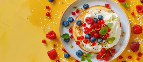 Poster - Cottage cheese pancakes with sour cream and berries on a yellow background Syrniki Russian cuisine Copy space