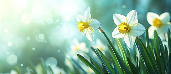 Fototapete - Daffodils blooming in springtime. with copy space image. Place for adding text or design
